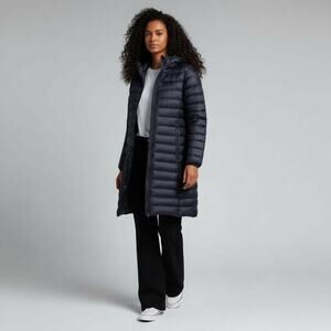 TNA Aritzia Bravura Down Jacket Hooded Navy Blue Long Line Nylon